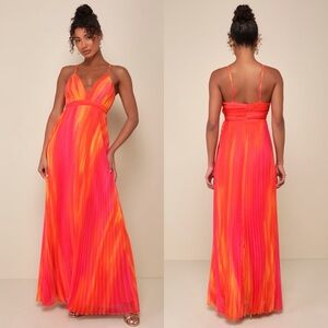Lulus Lovely Boldness Orange Multi Watercolour Pleated Maxi Dress Large